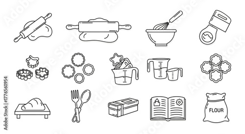 baking ingredients icons rolling pin and flour baking tools for homemade cookie preparation sweet cooking illustration baking process and kitchenware