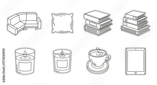 Cozy home illustrations couch pillow books candles coffee cup and tablet representing relaxation comfort and digital lifestyle perfect for blog header.