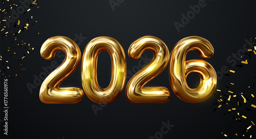 3D render of shiny gold 2026 numbers on dark background for New Year celebration design. uxury Gold 2026 Numerals 3D Illustration for Holiday 