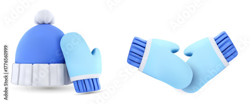 3D vector of blue winter mittens and beanie hat with pompom isolated on white