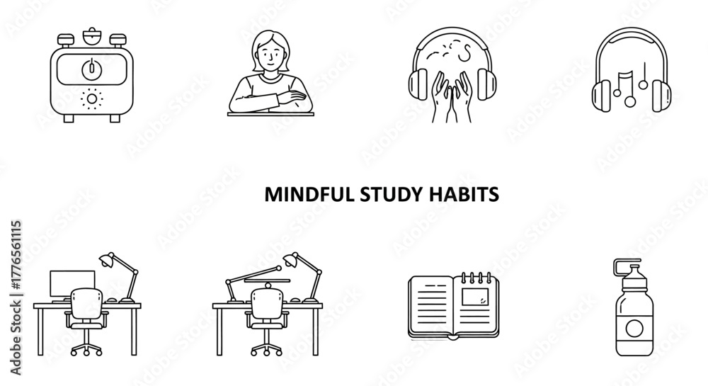 Fototapeta premium Mindful study habits woman studying desk setup listening to music prioritizing self-care creating productive study routines and staying healthy.