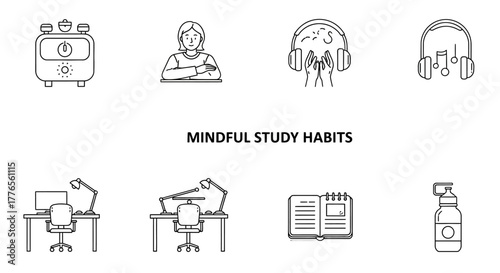 Mindful study habits woman studying desk setup listening to music prioritizing self-care creating productive study routines and staying healthy.