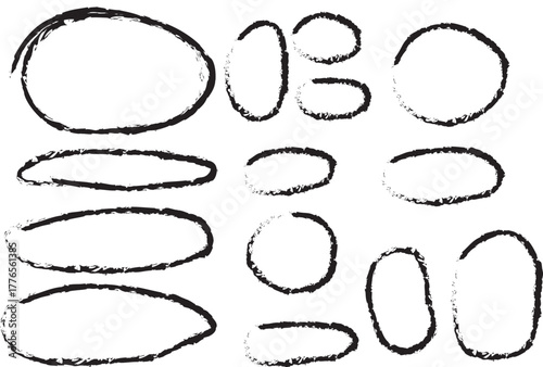 White chalk or crayon shapes oval highlight set on blackboard. Sketchy hand drawn pencil or marker rough grunge ellipse circles design elements.