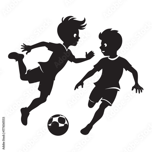 Two boys playing soccer isolated on white background in black silhouette