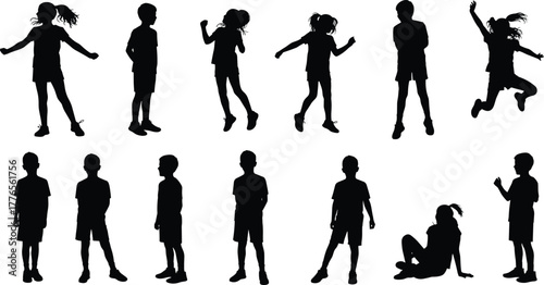 Children silhouette, playful kids, jumping, dancing, walking, sitting, black vector, isolated, active poses, childh