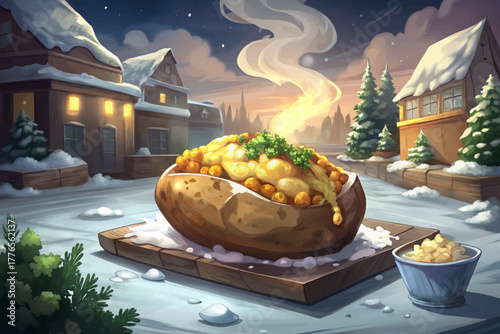 Hot baked potato filled with cheese, corn, butter and herbs, photographed smoking in cold snowy street market