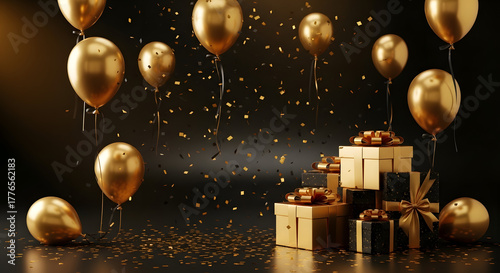 Wallpaper Mural Elegant golden balloons and gift boxes with falling confetti for a luxurious celebration Torontodigital.ca