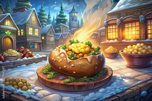 Hot baked potato filled with cheese, corn, butter and herbs, photographed smoking in cold snowy street market