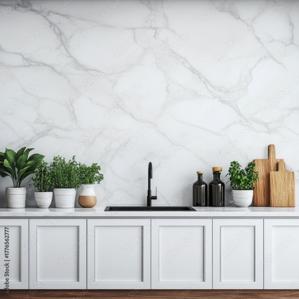 Fototapeta premium Luxurious modern kitchen interior featuring a white marble backsplash and a high end product display arrangement on a sleek white stone surface