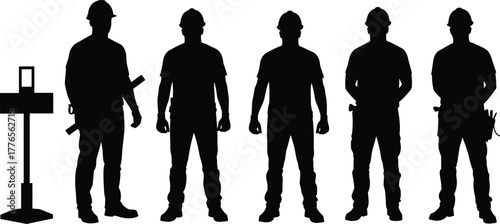 Construction workers silhouette, hard hats, teamwork, labor force, industrial safety, tools, job site, black vector, tradespeople, occupational icons, illustration