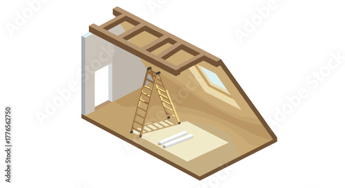 Isometric attic renovation with ladder and skylight in warm minimalist style