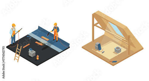 Isometric workers installing roof membrane in construction scene