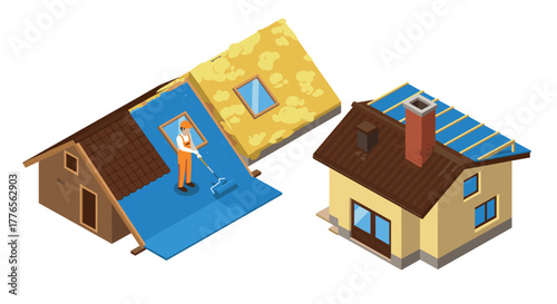 Isometric home renovation scene with roofer waterproofing and completed house