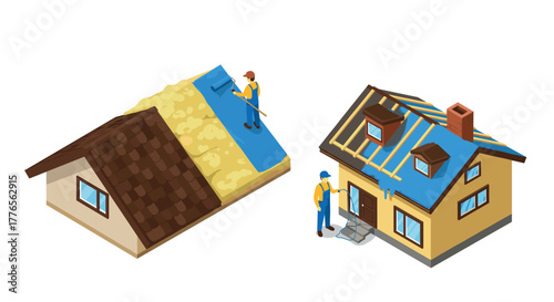 Isometric roofing workers applying insulation and installing new roof on house