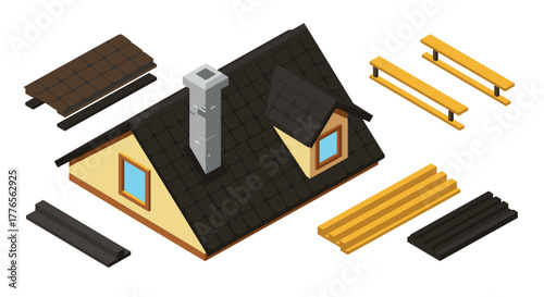 Isometric house roof construction with wooden elements and brick chimney