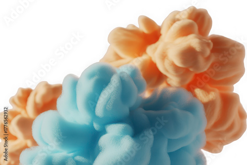 Abstract swirling clouds of blue and orange ink in water isolated on transparent background
