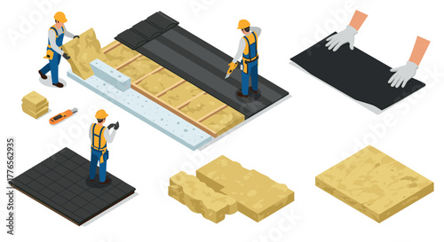 Isometric construction workers installing insulation panels and roofing