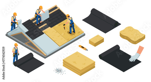 Isometric roofing process with construction workers and materials in detailed design