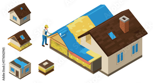 Isometric house construction with roofing and insulation layers