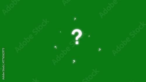 Question mark animation on chroma key glowing white effect on green screen background. confused effect raining question mark, motion graphic animation. 4k background