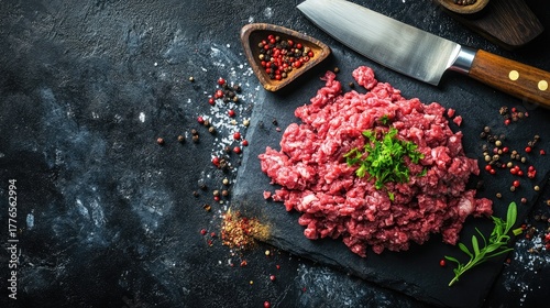 Raw minced beef and pork arranged artistically on dark stone with butcher knife and spices, creating professional food styling look