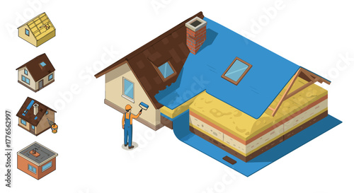 Crosssection of a modern house with insulation layers and roofing process