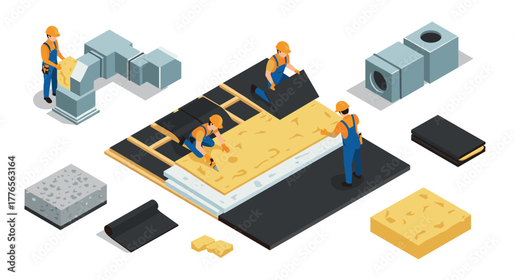 Obraz premium Construction workers installing insulation panels in isometric style for building projects