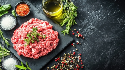 Raw minced beef and pork arranged side by side on a black cutting board with herbs, salt, and olive oil for culinary preparation theme