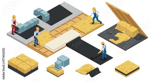 Construction site isometric view with workers installing insulation panels and materials