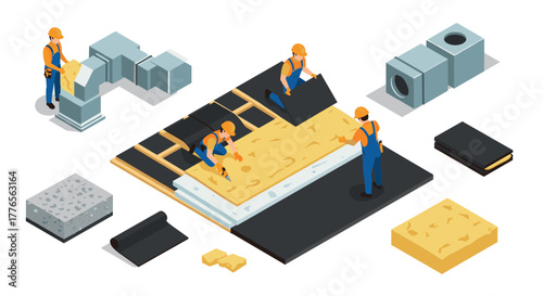 Construction workers installing insulation panels in isometric style for building projects