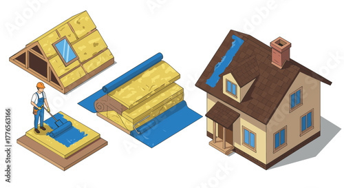 Roofing renovation and insulation process in isometric style