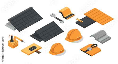 Isometric roof construction elements featuring tools and safety gear