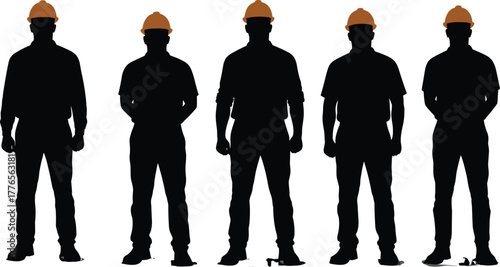 Construction workers silhouette, orange safety helmets, teamworkengineer, hard hats, standing pose, identical workers, labor team, engineering silhouettes, white background