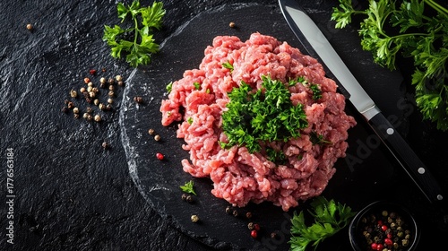Raw minced pork and beef formed into a pile on a black stone surface, with knife, parsley, and spices placed artistically around