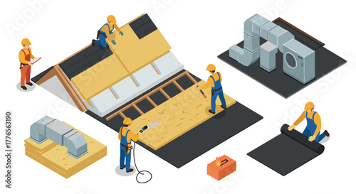Isometric construction workers installing roof insulation and waterproofing materials