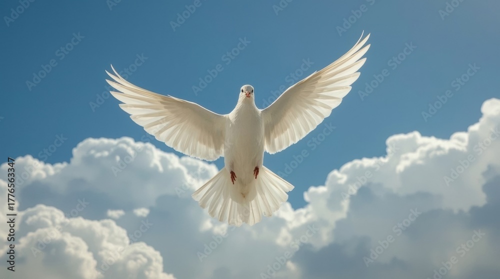 Fototapeta premium A white dove flies gracefully through a cloudy blue sky