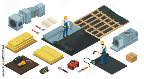 Isometric roof insulation process with construction tools and workers