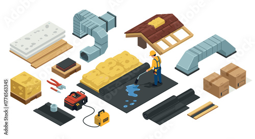 Roofing installation isometric elements with worker and equipment