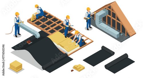 Isometric construction workers installing roof insulation with tools and materials