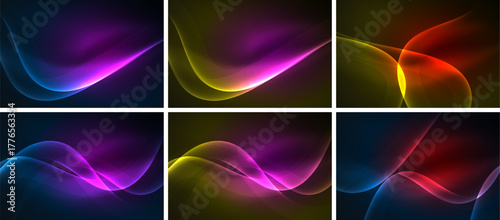 Abstract colorful waves, six panels. Smooth gradients, dynamic curves, vibrant hues create flowing patterns. Modern design elements.