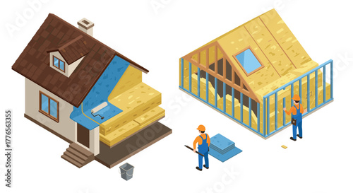 Energyefficient home construction isometric illustrations of insulation installation