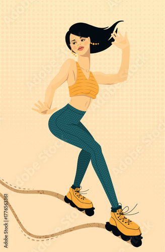 A beautiful brunette girl with a great figure rollerskating. Vector flat illustration