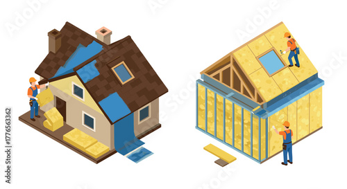 Isometric home insulation process featuring construction workers and roofing