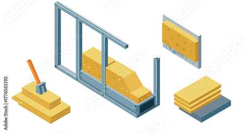 Isometric wall insulation construction scene with tools and materials