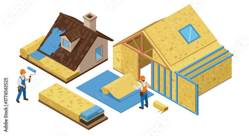 Home insulation techniques isometric construction and energy efficiency concepts