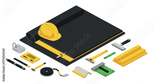 Isometric waterproofing tools and materials set for construction projects