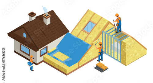 Isometric house construction with insulation and workers in action