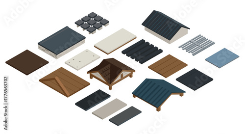 Isometric architectural building materials set roofs, tiles, and slabs