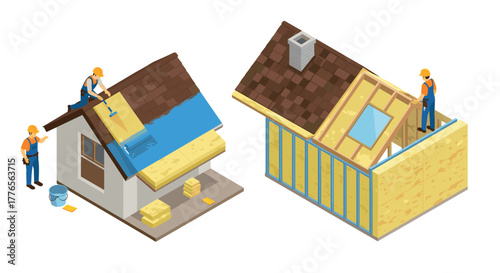 Isometric home construction and insulation process with workers