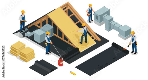 Isometric roof installation scene with workers and construction materials